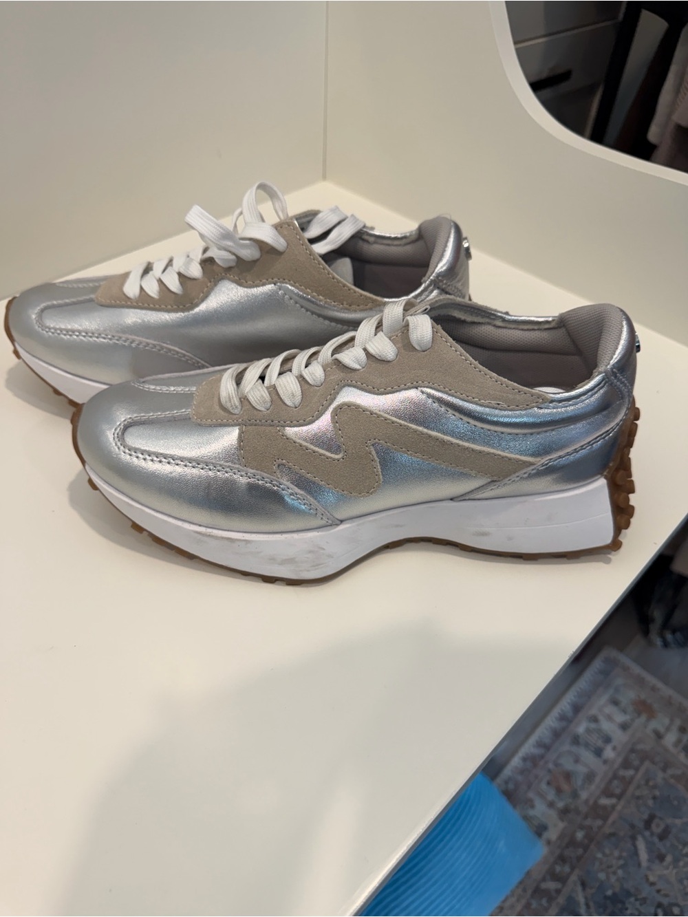 Steve Madden Silver Metallic Platform Sneakers with Tan Suede Accents